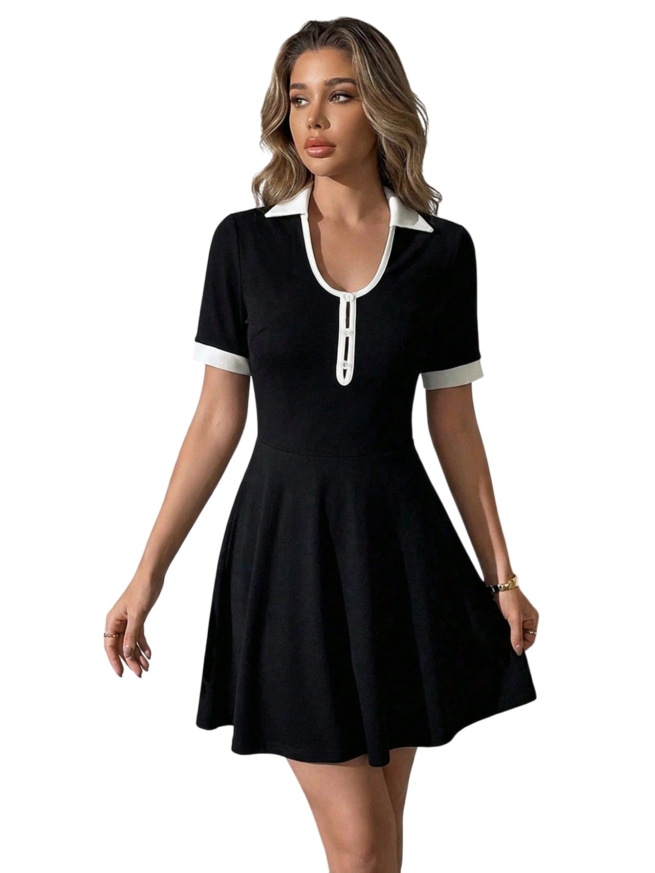 Womens Elegant Collared Short Sleeve Dress Button Front A Line Flowy Mini Work Office Dresses