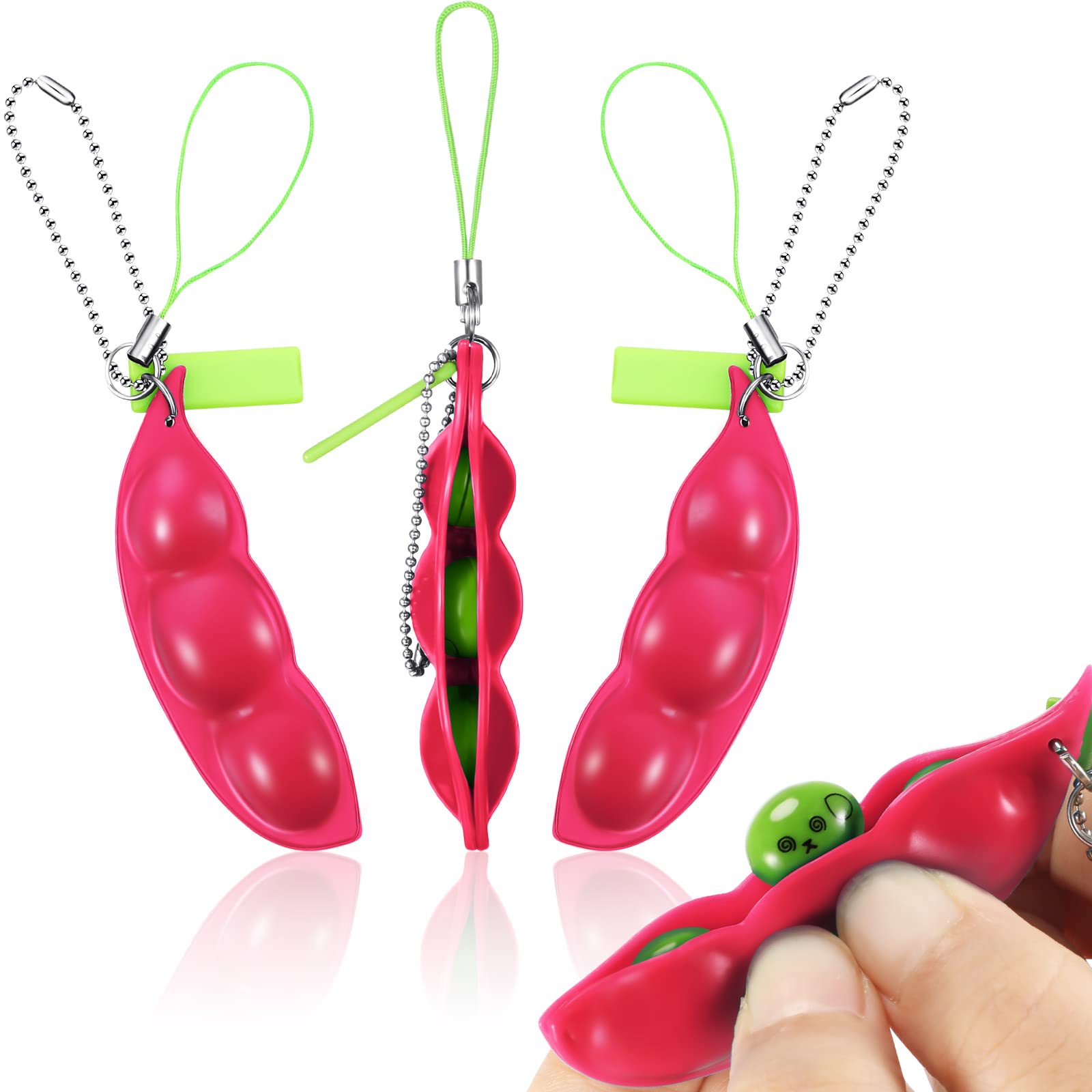 3 Pieces Pea Poppers Fidget Toy Funny Facial Expression Bean Fidget Toy Pea Pod Fidget Toys Soybean Extrusion Edamame Keychain Keyring for Children and Adults Release Stress and Anxiety (Rose Red)