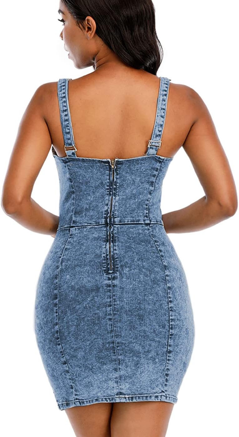 Women's Denim Dress Sexy V Neck Bodycon Sleeveless Jeans Short Dresses - Image 3