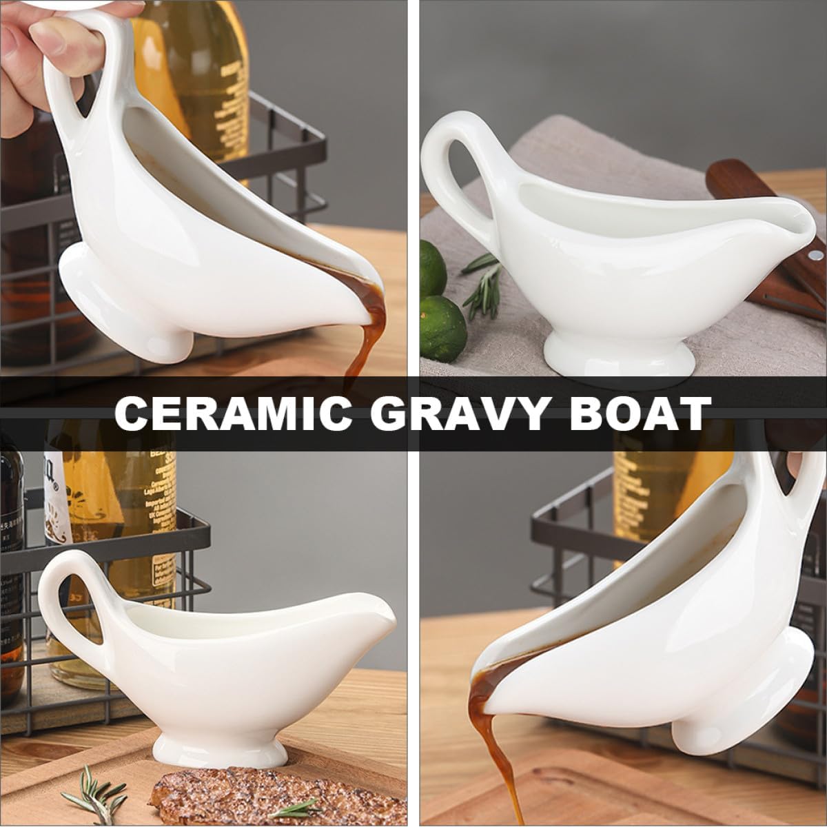 Multi-function Ceramic Sauce Boat and Gravy Serving Cup Set, 2pcs Thickened Steak Sauce Boats with Handle, Household Condiment and Gravy Accessory for Western Dining