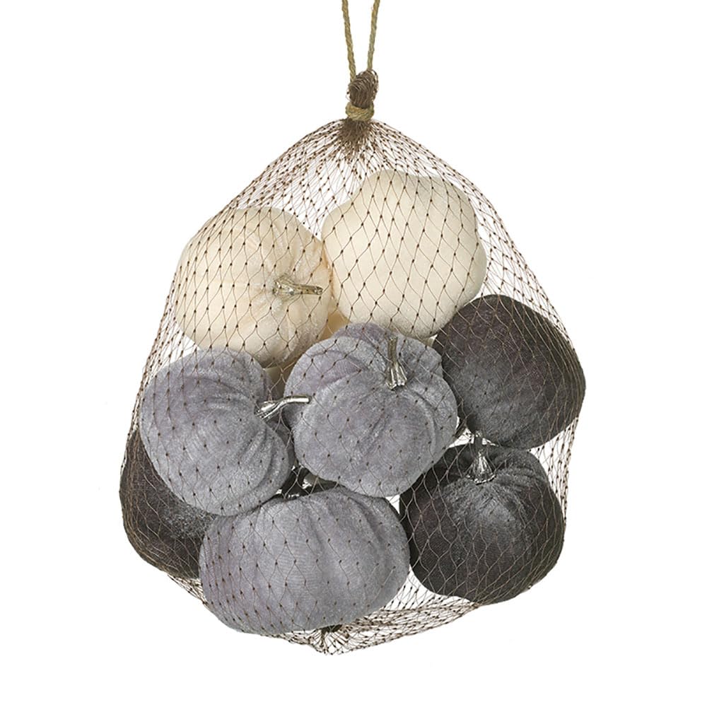 Bag Of 8 Velvet Autumn Pumpkin Gourds Silver Stalk 6 to 9cm Wide Grey Mix