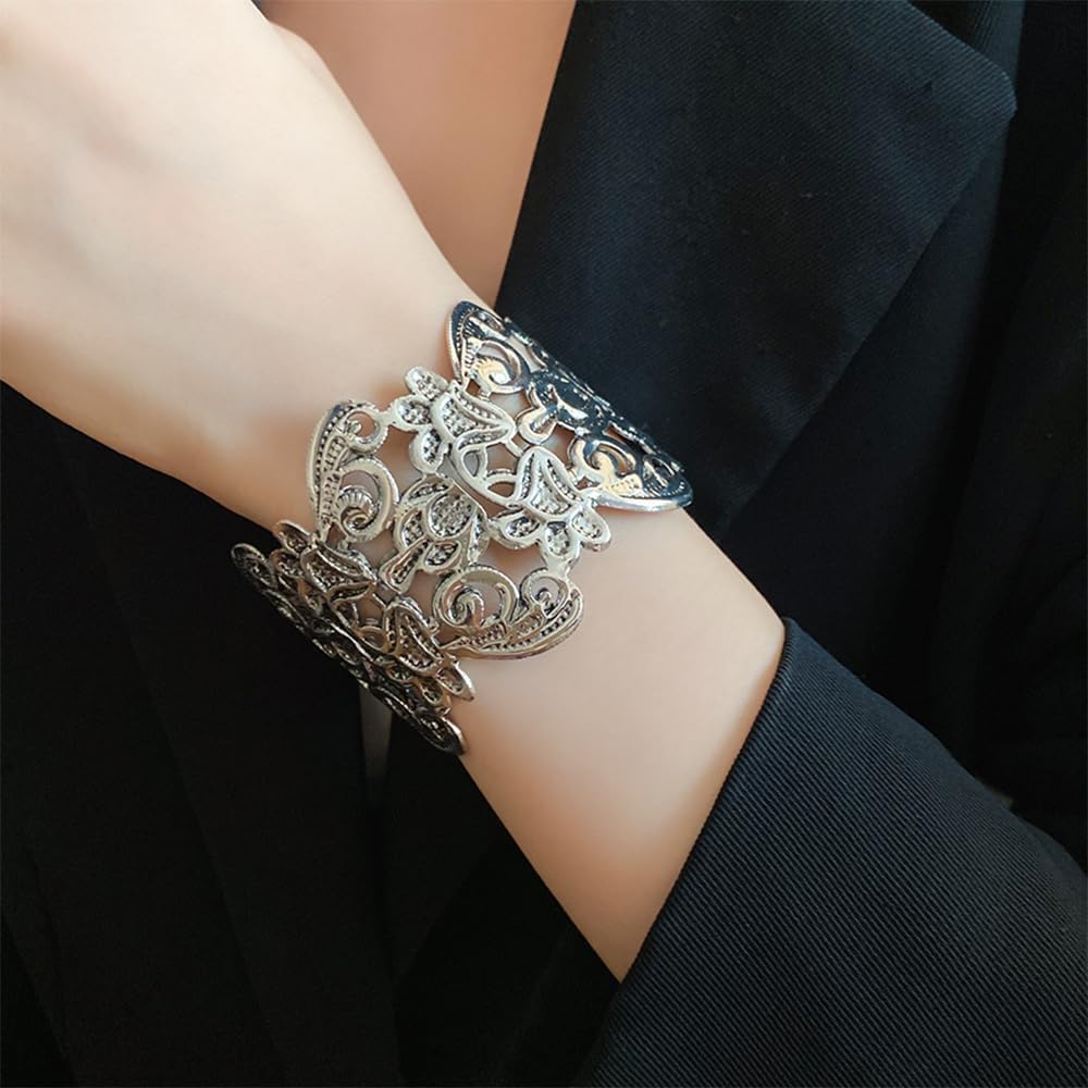 OIDIMS Vintage Hollow Flowers Cuff Bracelet for Women Trendy Wide Cuff Bracelets Open Wristbands Bangle Gold-Tone Plated Chunky Upper Arm Armband Boho Fashion Statement Holiday Jewelry for Mom Wife - Image 2