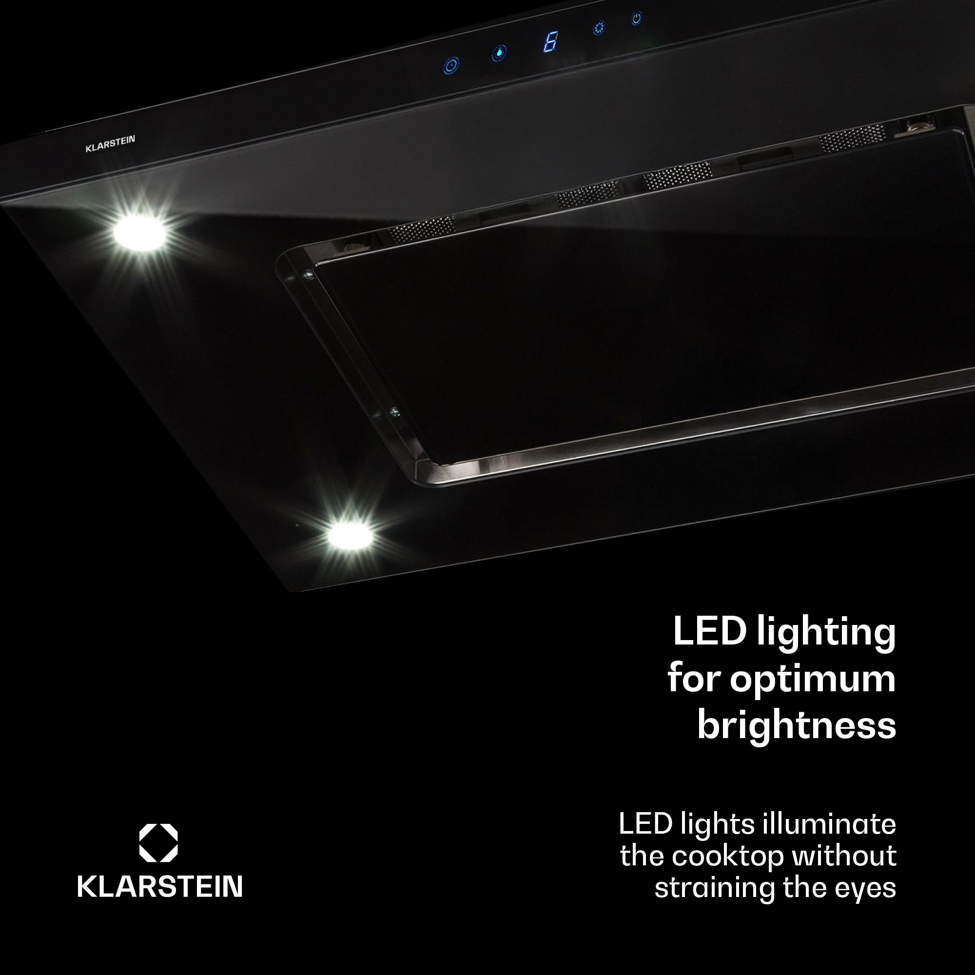 klarstein Valeria Wyspowy okap kuchenny 90 cm wydajność wyciągu powietrza 650 m³/h panel dotykowy oświetlenie LED szkło stal szlachetna