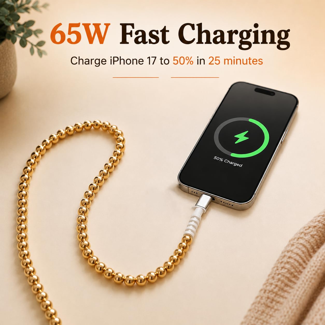 IIIZ Cavo USB-C con perline da 1,8 m per iPhone Air 17 16 15 Pro Max, 65 W Gold Type-C cavo di ricarica rapida per iPad Pro 10 11th/Galaxy/Pixel/Android Phone/Tablet/Laptop/Donna/Ragazze