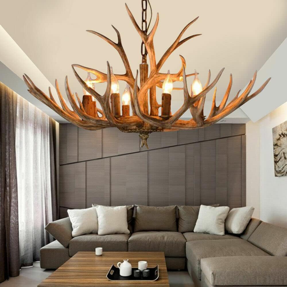 6-Light Resin Deer Antler Light Fixtures Vintage Deer Horn Ceiling Light Retro Country Chandelier Lighting Dia 27inch H 16inch for Living Room/Dining Room/Bar/Cafe
