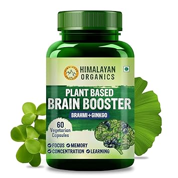 Himalayan Organics Plant Based Brain Booster Supplement with Ginkgo Biloba And Brahmi | Healthy Brain | Stress Relief | Improve Focus - 60 Veg Capsules
