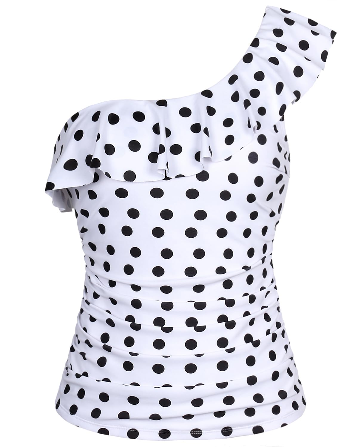 Womens One Shoulder Tankini Tops Ruffle Swim Tops Strapless Bathing Suit Tops Swimming Costume No Bottoms, Black and White, Small