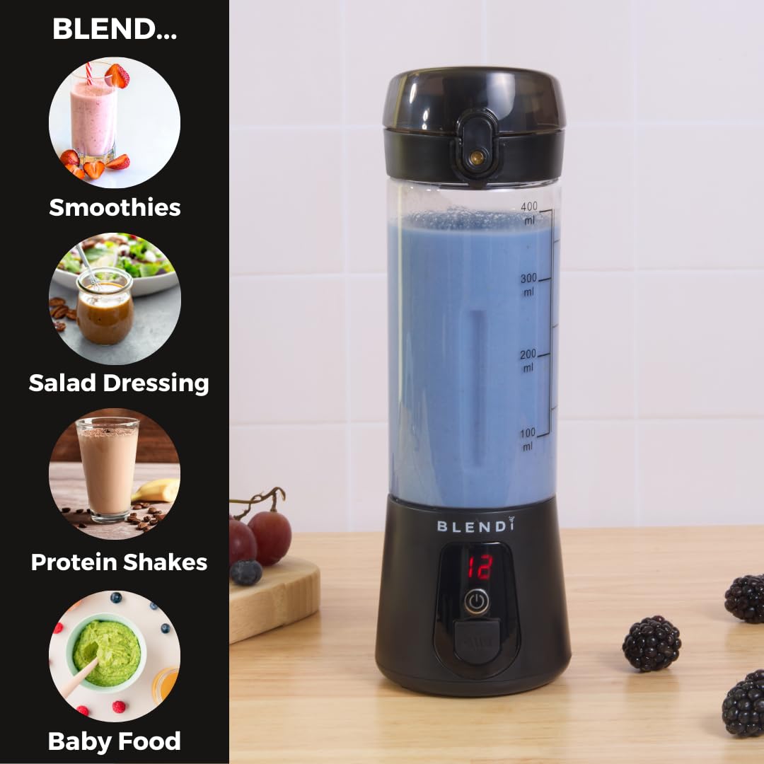 BLENDi Licuadora portátil Lite (17 onzas) – Recargable por USB, potente motor de 70 W para batidos, batidos de proteínas y más – Compacta, apta para viajes y sin BPA (negro)