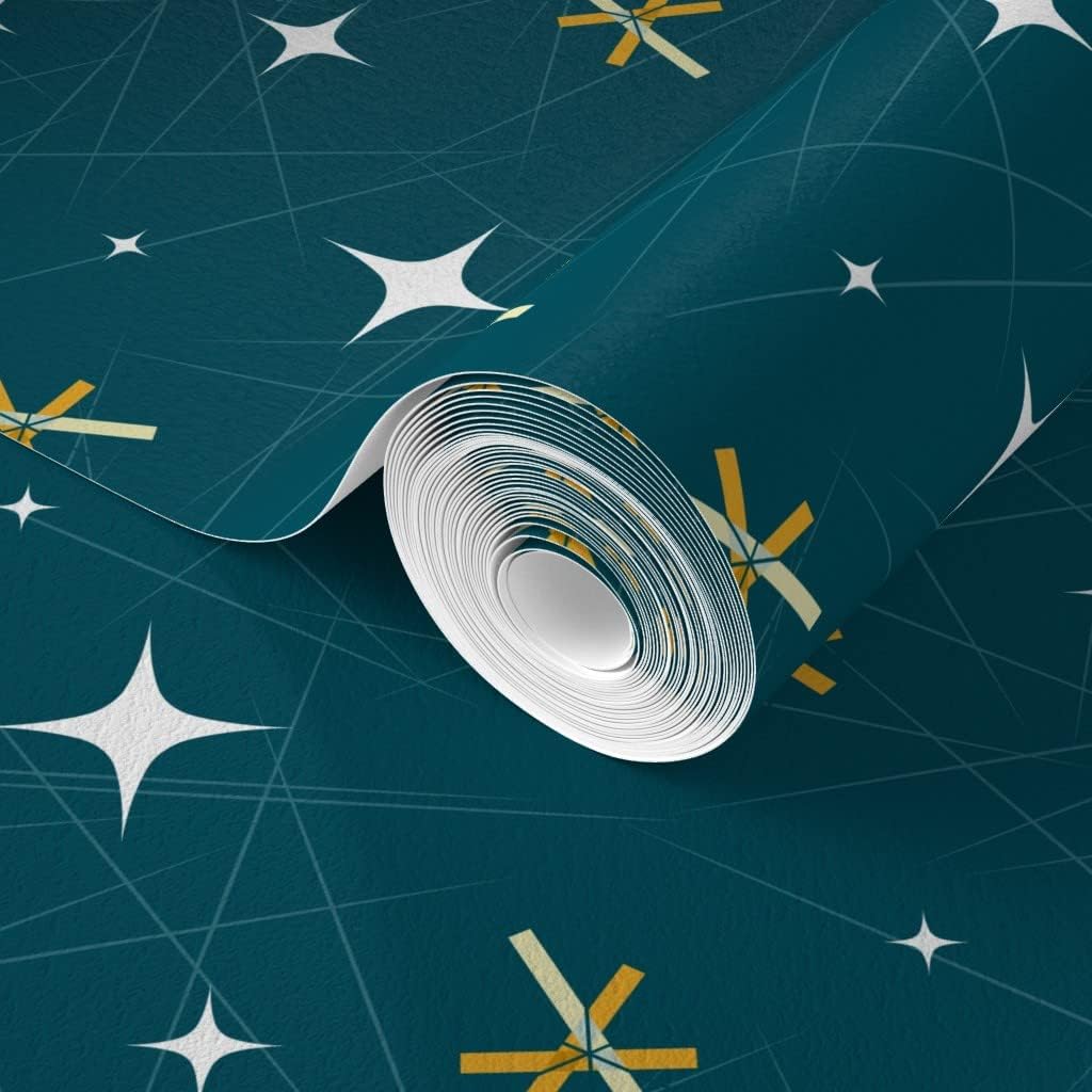 Commercial Grade Wallpaper 27ft x 2ft - Mid Century Modern Blue Vintage Retro Orange Traditional Wallpaper by Spoonflower