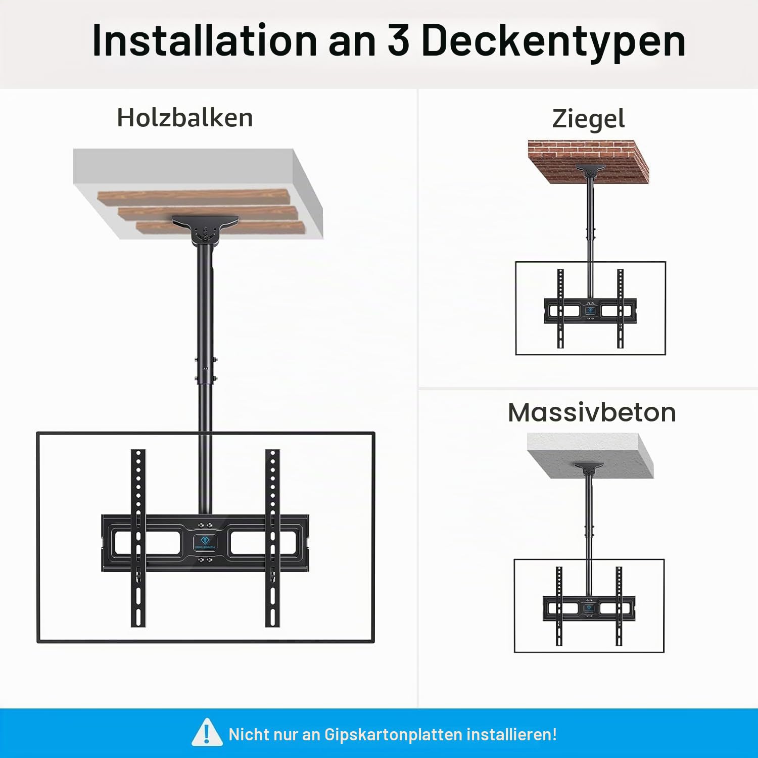PERLESMITH TV-Deckenhalterung – TV-Halterung neigbar und schwenkbar, verstellbar für Bildschirme von 26 bis 65 Zoll – Dachhalterung Full-Motion trägt 50 kg mit VESA 400 x 400 mm