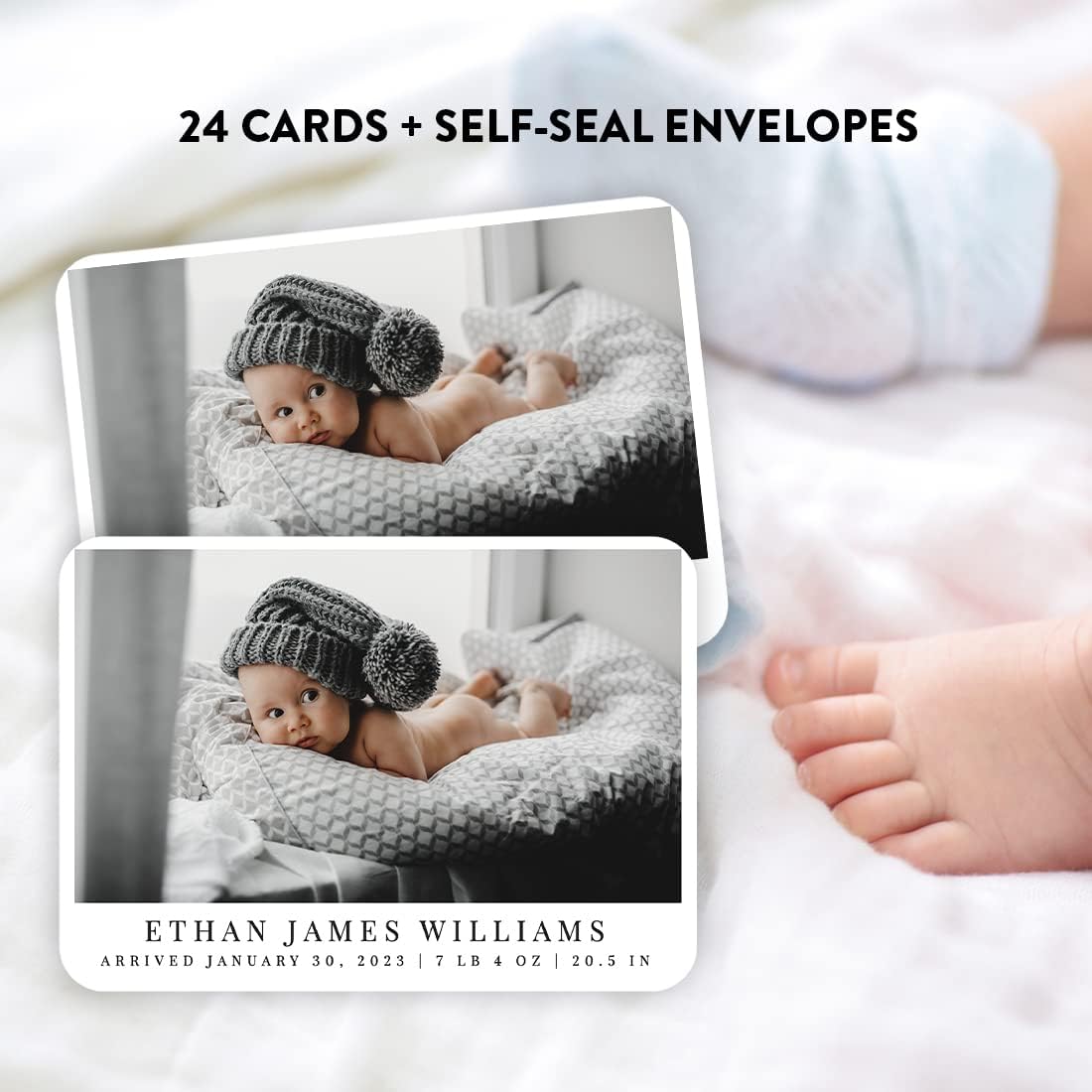 Andaz Press Personalized 5x7 Inch Baby Announcement Cards With Envelopes, Classic Custom Baby Birth Announcement Cards With Photo, Baby Reveal Newborn Baby Baby Birth Announcements, Bulk 24 Pack