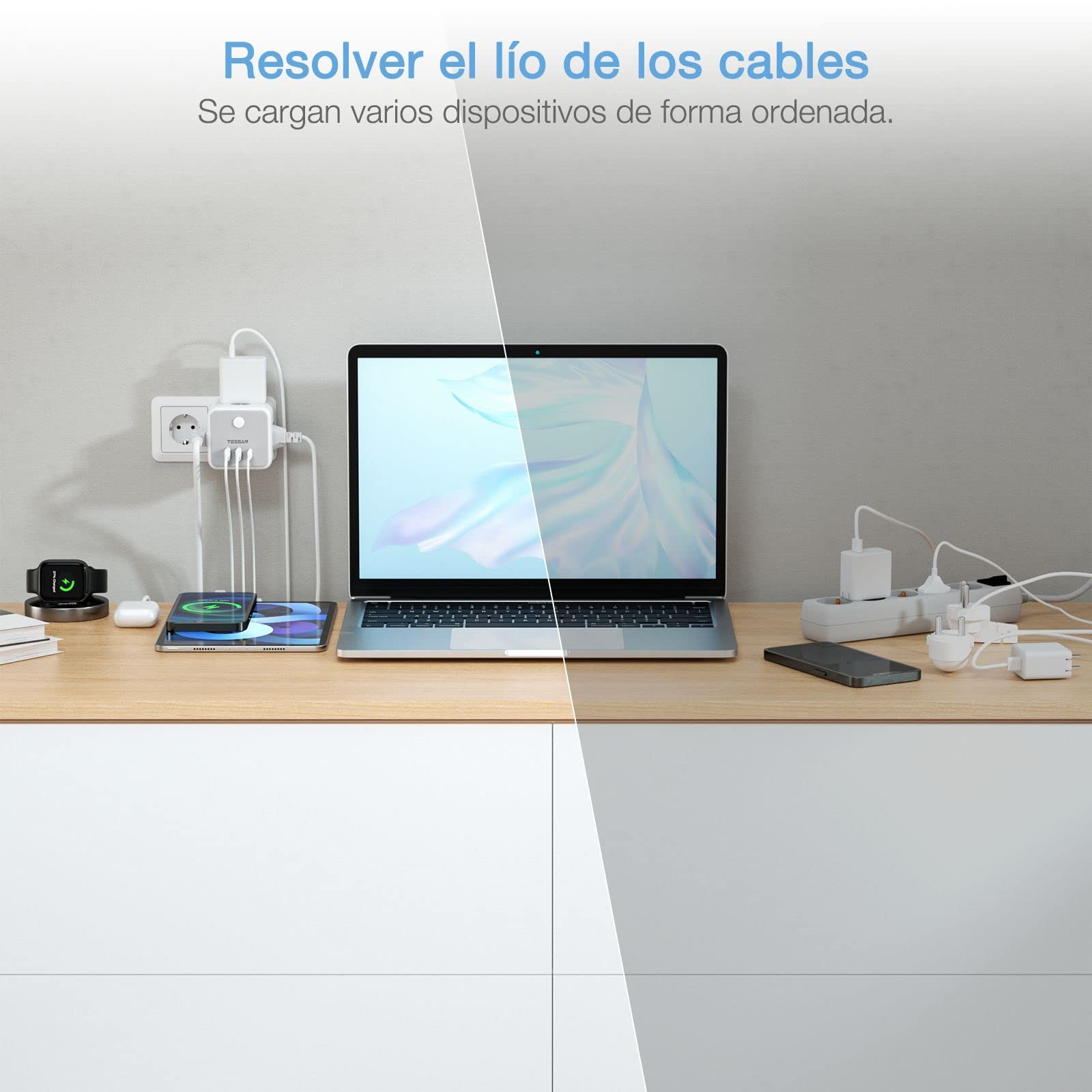 TESSAN Ladron Enchufes con USB C, 6 en 1 Cubo Cargador Ladrón Enchufes, Triple Multiple con 3 USB, Multiple Pared con Interruptor, Regleta Pared Compatible con Phone, Pad, Hogar Oficina