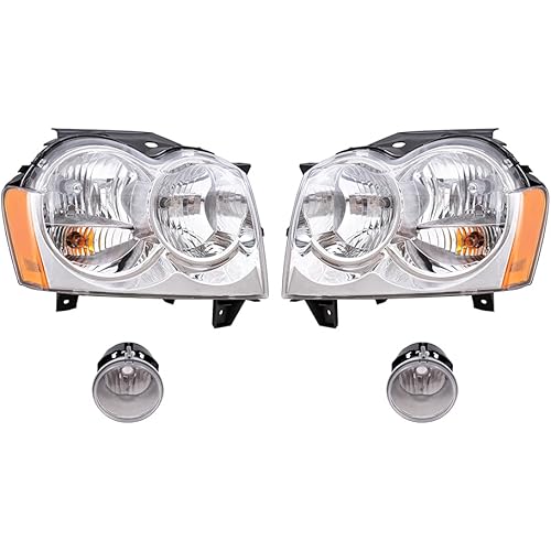 Brock Replacement Driver and Passenger Side Halogen Combination Headlight Assemblies and Fog Light Assemblies 4 Piece Set Compatible with 2005-2007 Grand Cherokee