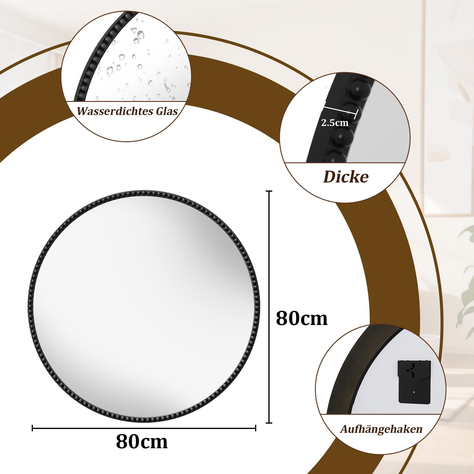 Koonmi runder Wandspiegel 80 cm, PU Perlenrahmen, Schwarz | Retro Badspiegel zum Aufhängen oder Anlehnen für Eingangsbereich, Schlafzimmer, Wohnzimmer und Flur