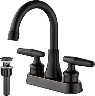 Bathroom 4 Inch Centerset Sink Faucet Oil Rubbed Bronze Vanity Faucet 360 Degree Swivel Spout Double Handle Deck Mount Mixer Tap with Pop up Drain Lavatory Bathroom Lavatory Faucets