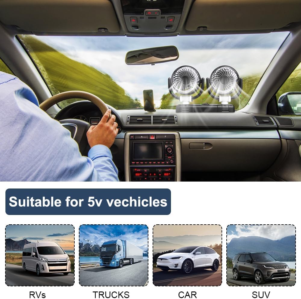 Ventilateur de voiture 5 V USB double tête - Portable - Rotation à 360° - Double tête - 2 vitesses - Faible bruit - Pour camion, camionnette, SUV, RV