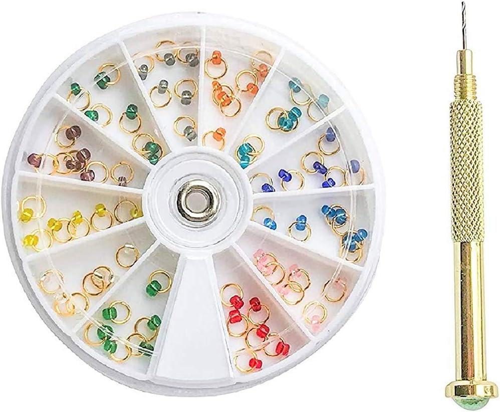 Dangle Nail Charm Art Piercing Tool Hand Drill and Beaded Rings for Tips, Acrylic, Gels and Decorations (Rain Gold)
