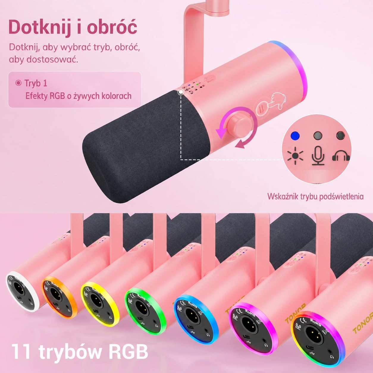TONOR Dynamiczny mikrofon do gier, mikrofon XLR/USB do strumieniowego przesyłania, redukcja szumów AI, sterowany RGB, wyciszenie, gniazdo słuchawkowe 3,5 mm, mikrofon z ramieniem szubienicowym, różowy