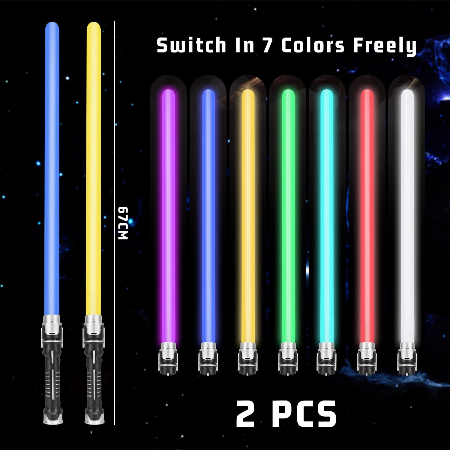 2 pcs Retractable Light Saber, Light Up Saber with Sound, Flash Stick, 7 Colors Changeable Light Saber, Light Up Toys for Role Play Kids Gifts Party Favors - Image 2