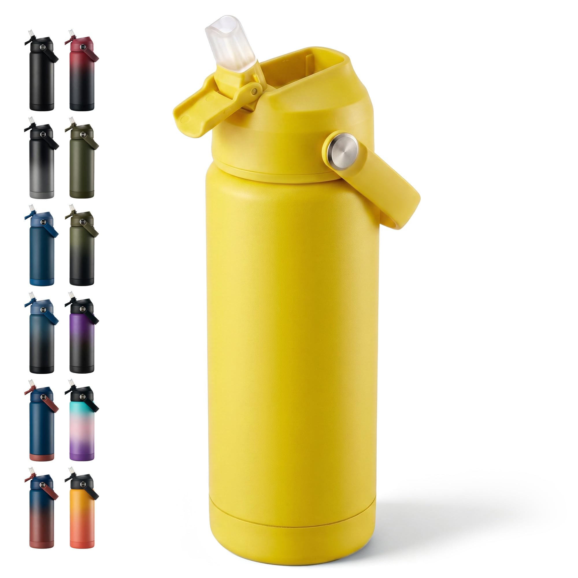 Fijinhom 18oz Insulated Stainless Steel Water Bottle, Wide Mouth Double Wall Vacuum, Silicone Straw, Sweat &amp; Leak Proof, BPA Free Insulated Water Flask for Travel, Keep Cold 24h Hot 12h, Yellow