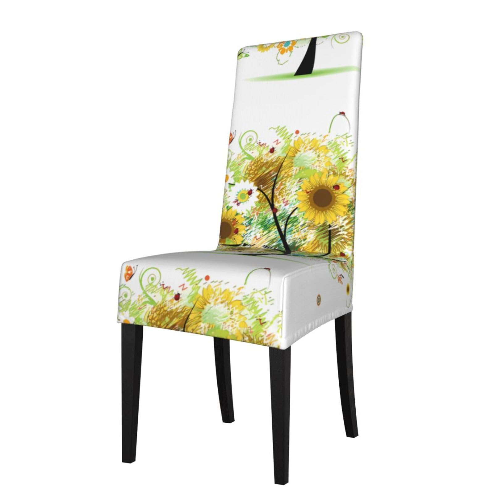 YYHWHJDE Floral Tree with Daisies Sunflowers Butterflies Prints Dining Chair Throw Covers – Stretchy & Wrinkle-Resistant Protector for Most Kitchen Chairs – Quick Refresh for Old Furniture