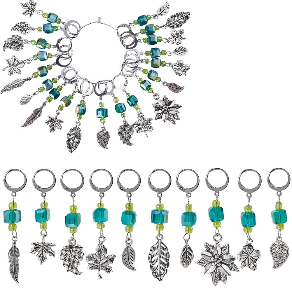 SUNNYCLUE 1 Box 20Pcs 10 Styles Plant Stitch Markers Knitting Markers Metal Bulk Alloy Green Silver Leaf Plants Spring Crochet Charms for DIY Craft Weaving Sewing Crocheting Zipper Accessorie Beginner