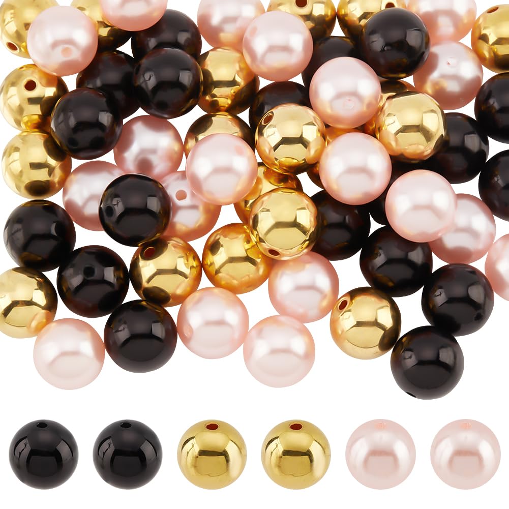 PH PandaHall 60pcs 20mm Bubblegum Beads - Black Gold Resin Spacer Chunk Imitation Pearl Focal Beads for Jewelry Bracelet Necklace Pen Bag Chain Making