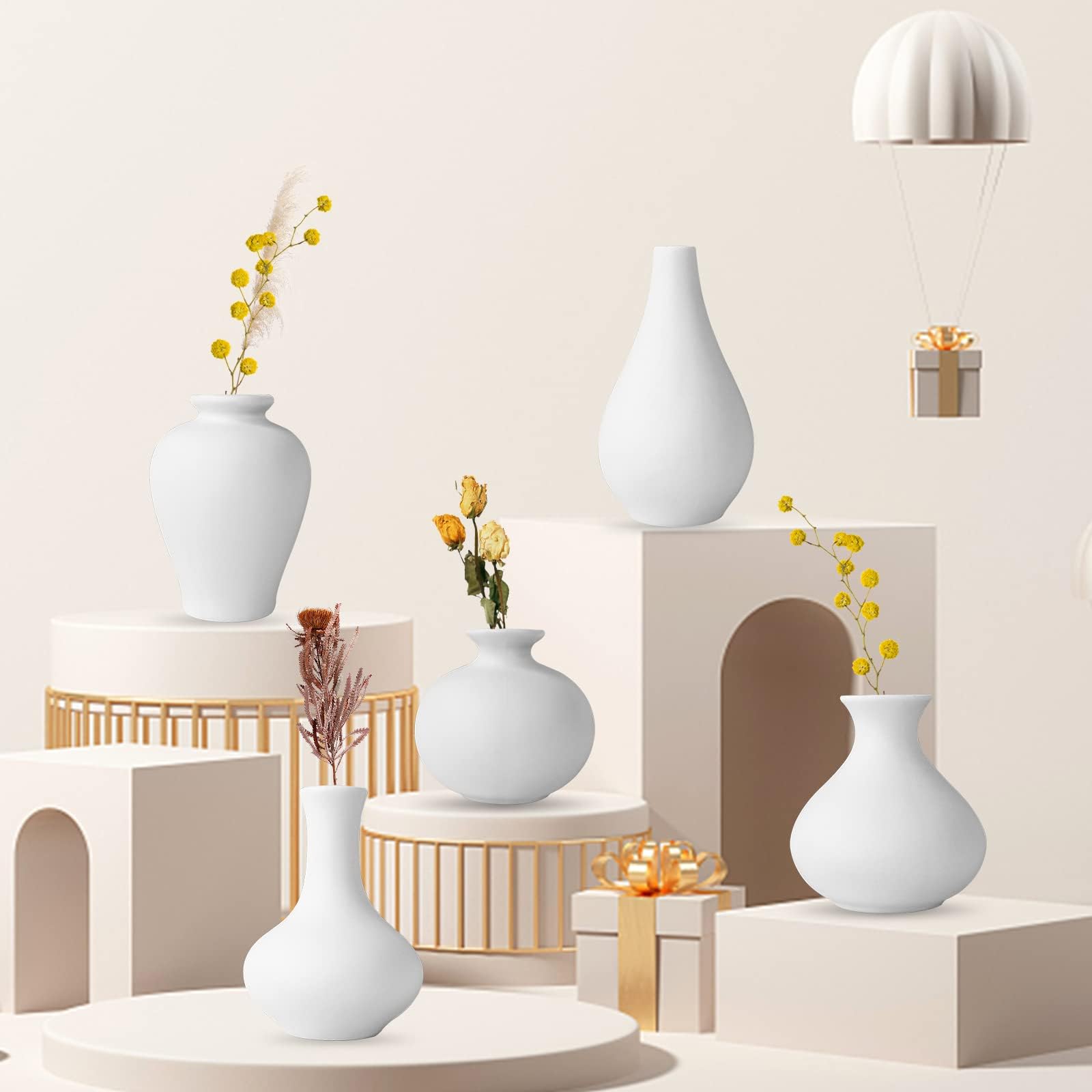Juego de 5 Jarrones de Cerámica Blancos Mini Jarrones de Flores para Decoración Moderna del Hogar Jarrón Decorativo para Hierba de Las Pampas Salón Decoración de Estanterías Mesa de Comedor