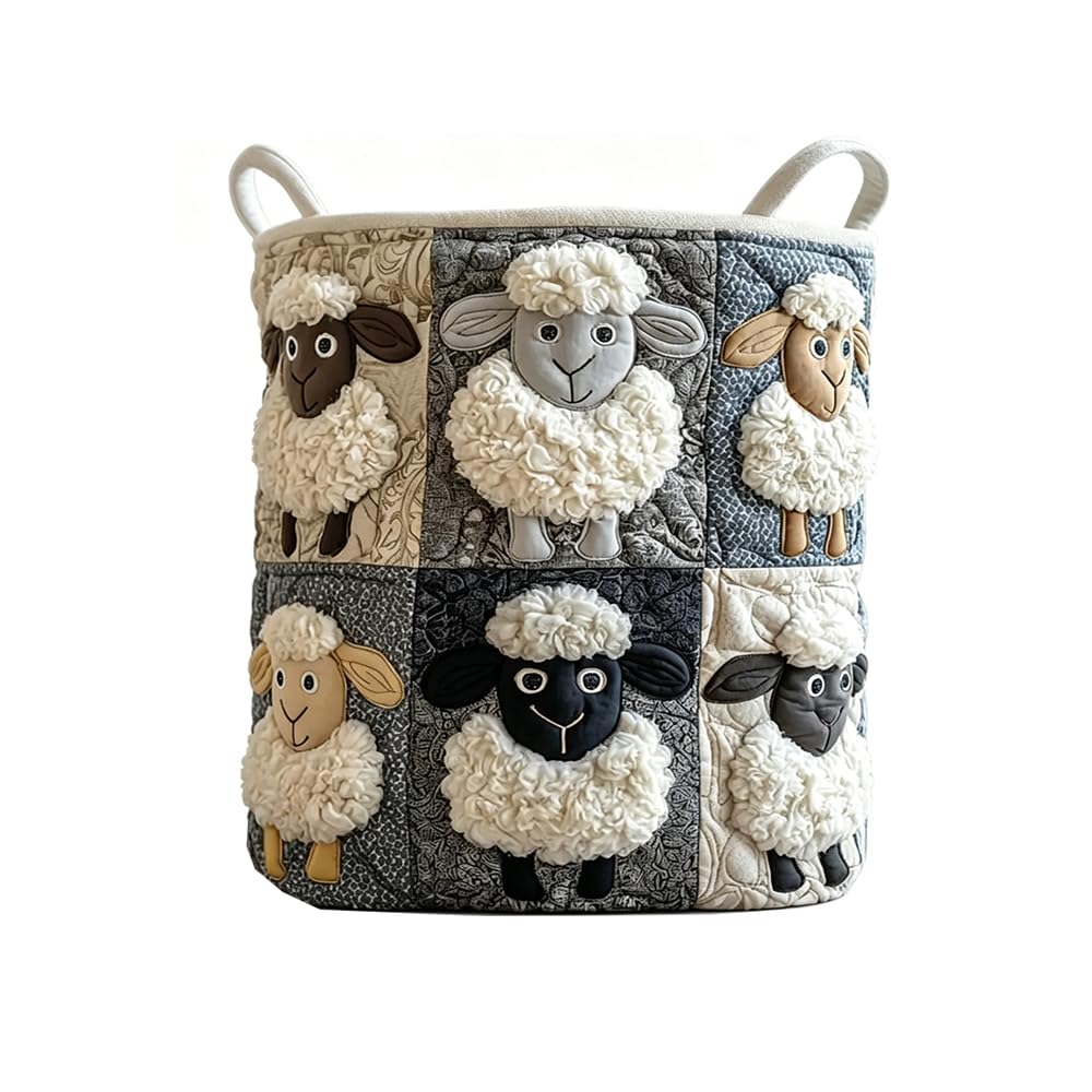 3D Cute Sheep Print Quilted Laundry Basket Home Storage Hamper with Handles (KT33660A01,L)