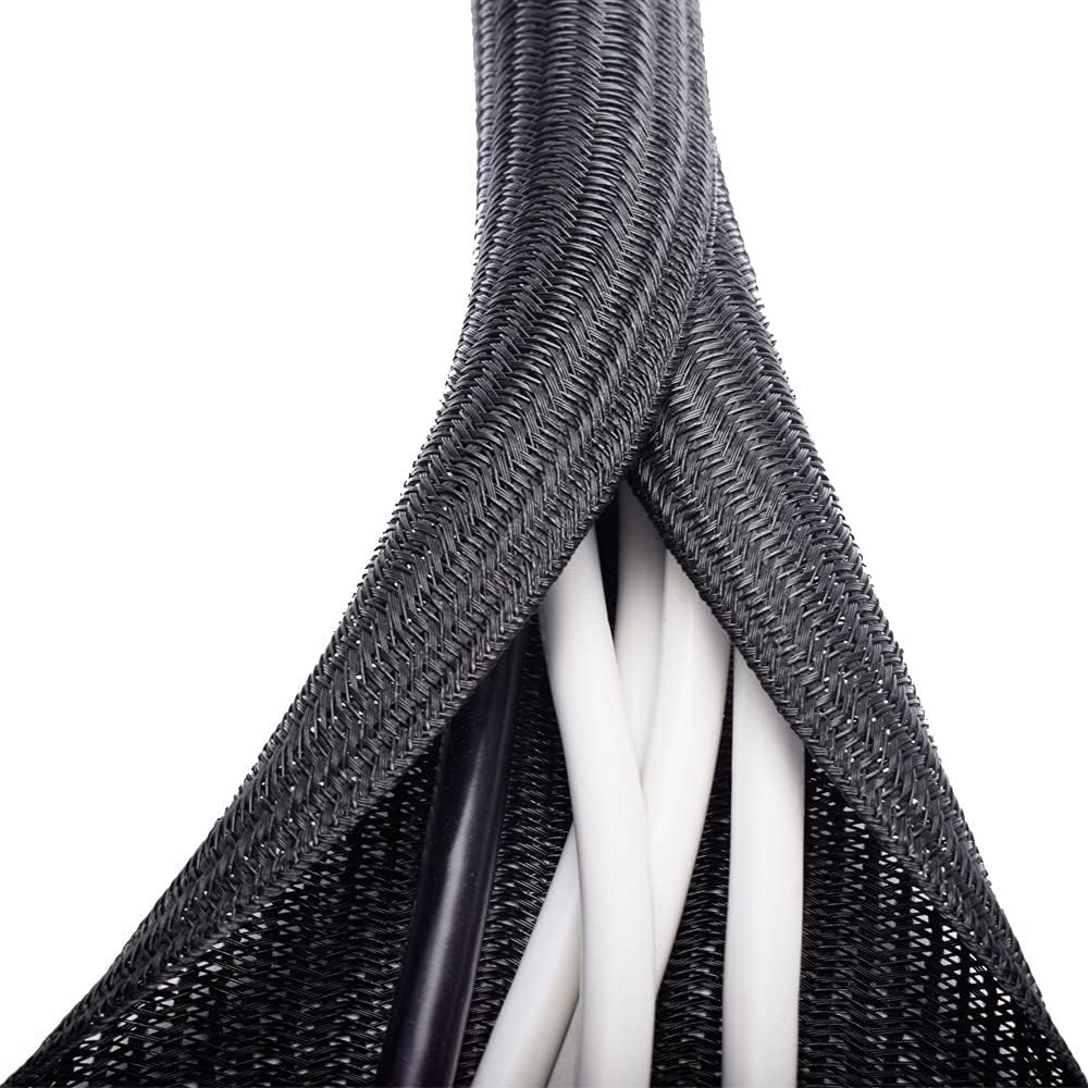 ZhiYo 6.6ft - 1/2 inch Cable Sleeve Cord Protector, Black Braided Wire Management for USB Cables, Power Cords, and Audio/Video Cables – Split Sleeving Wire Protector to Prevent Pet Chewing