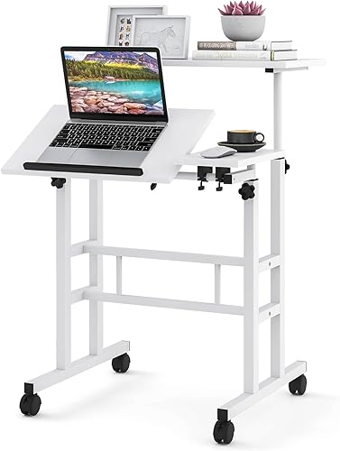 Vista 46 de Giantex Escritorio móvil de pie, escritorio de pie ajustable en altura con ruedas y mesa inclinable, carrito rodante para computadora portátil, Negro