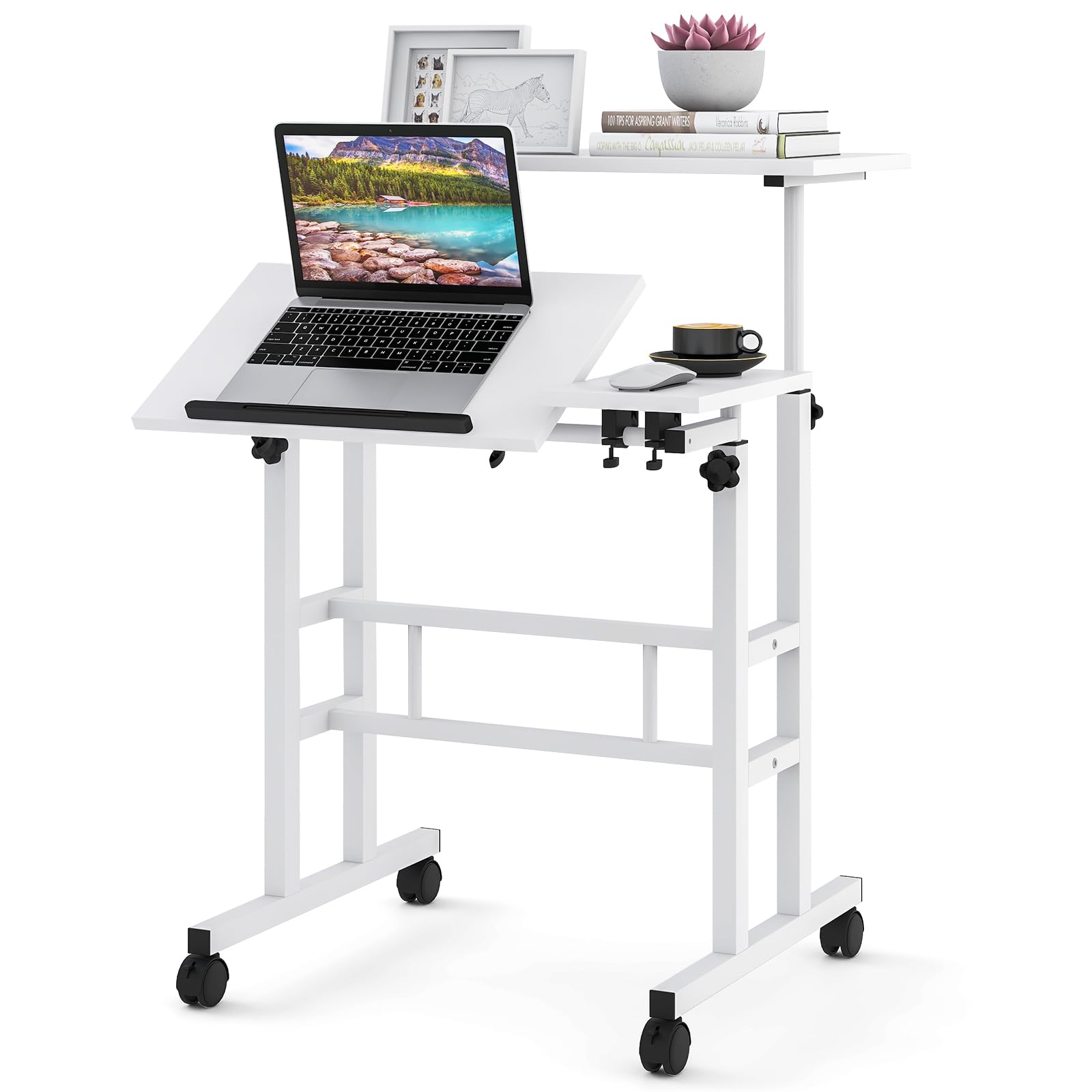 COSTWAY Height Adjustable Standing Desk, Mobile Laptop Table Computer Desk with Flip-over Desktop and Wheels, 2-Tier Laptop Cart Sit Stand Table Writing Workstation for Home Office (White)