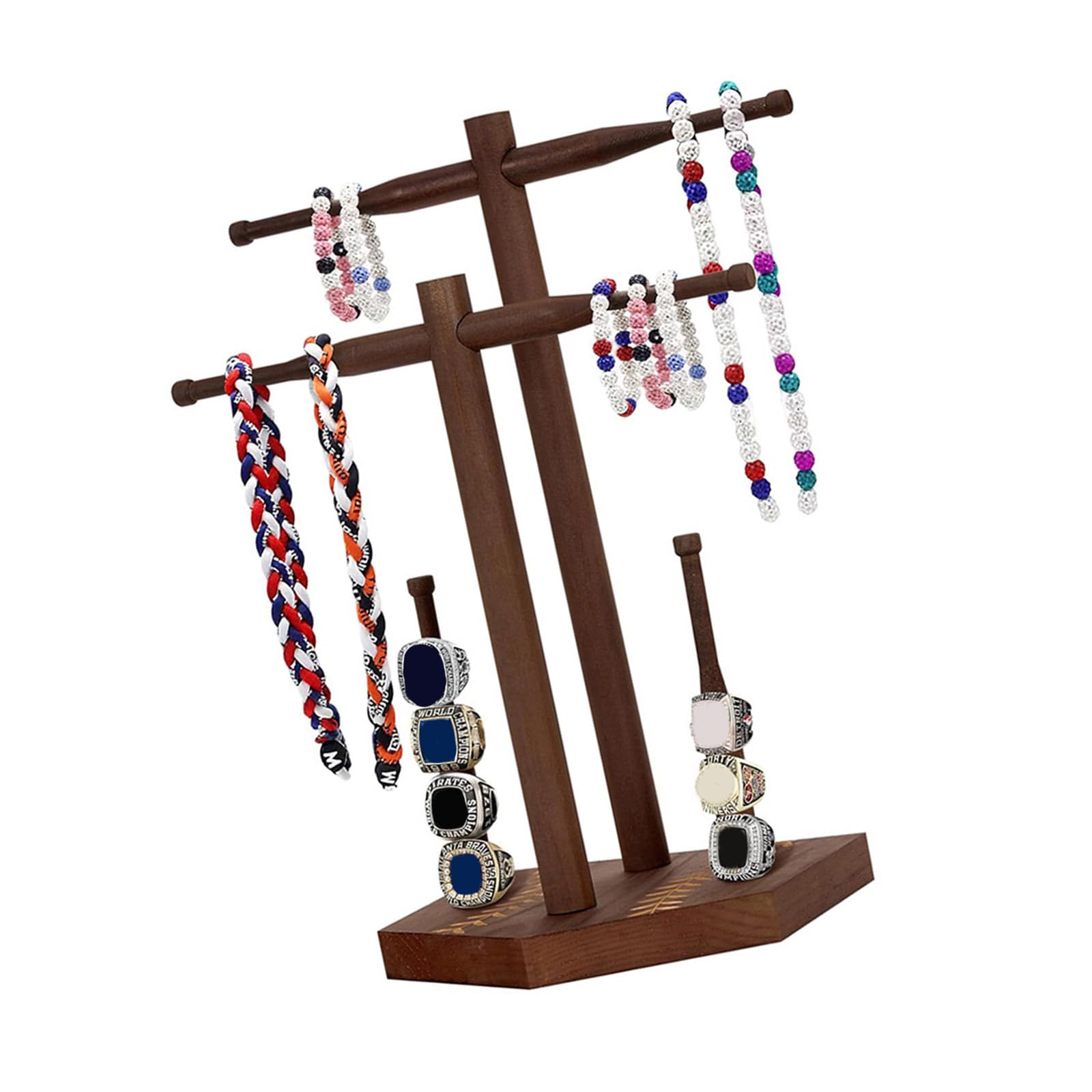 HDOYTXXM Wooden Display Stand for Baseball Softball Championship Rings and Necklaces Storage Rack with Stable Base Wooden Rings Necklace Holder