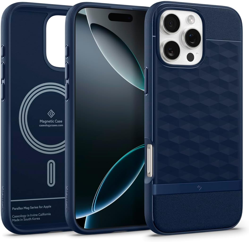 CASEOLOGY by Spigen Parallax Mag for iPhone 16 Pro Max Case [Ergonomic 3D Hexa Cube] Military Grade Drop Protection Back Cover Case for iPhone 16 Pro Max (TPU and PC | Midnight Blue)