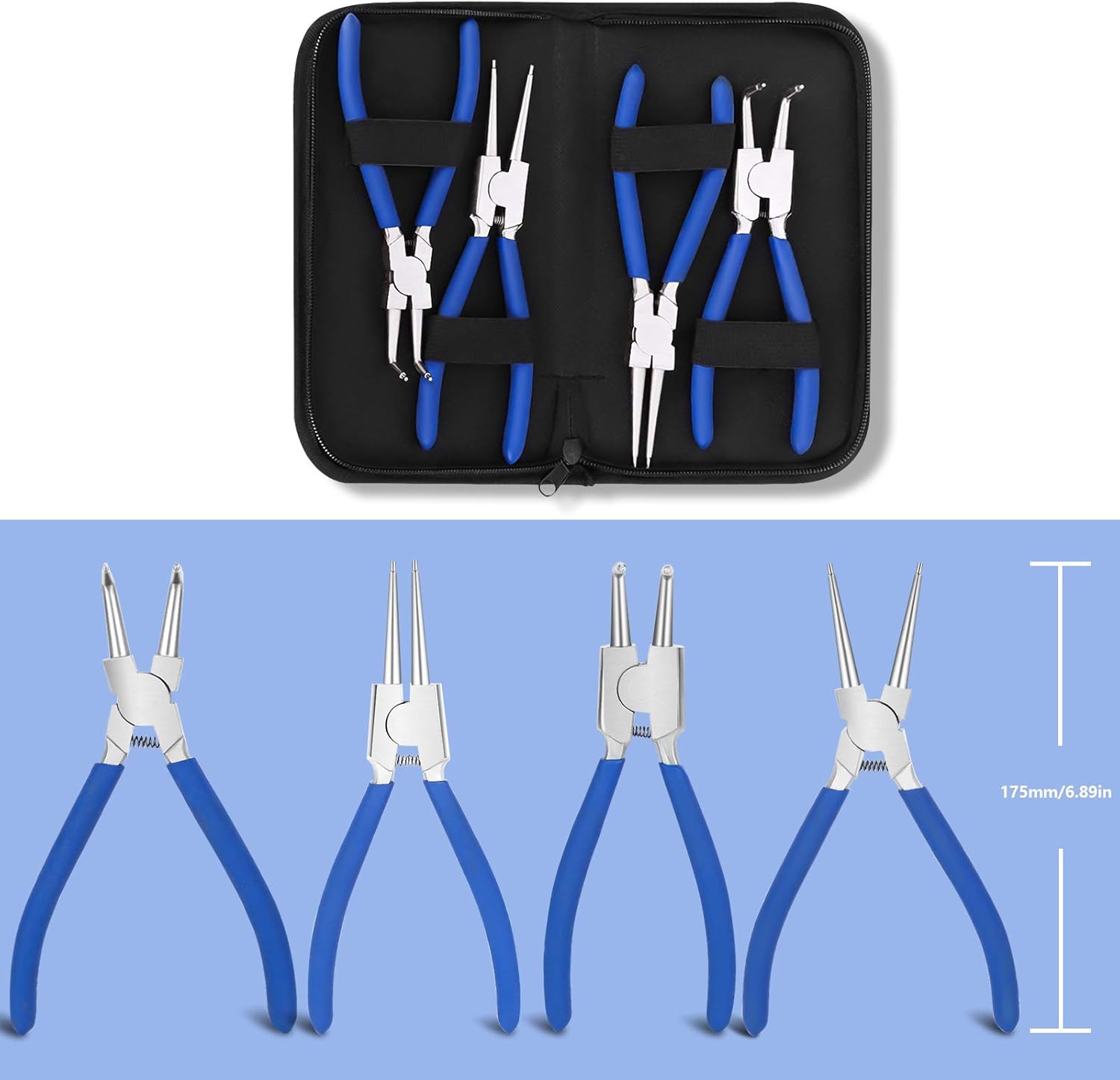 Snap Ring Pliers Set, 4pc Professional 7" Inch Internal External Straight Bent Circlip Snap Ring Pliers Set w/Portable Bag