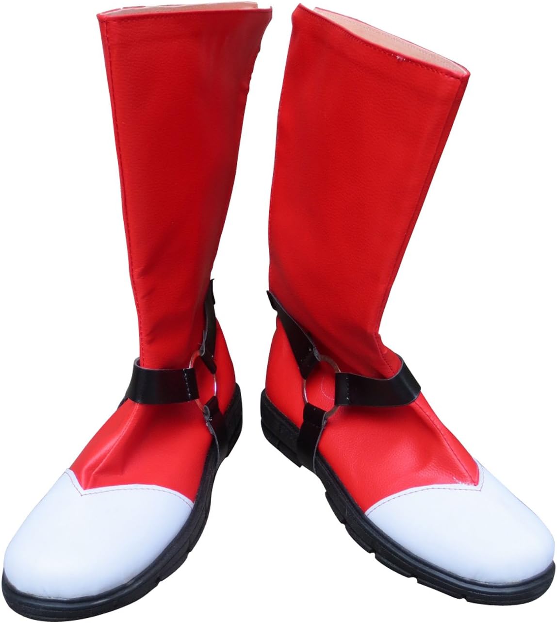 Red and White Boots with Black Buckle Straps Footwear Cosplay Shoes S008