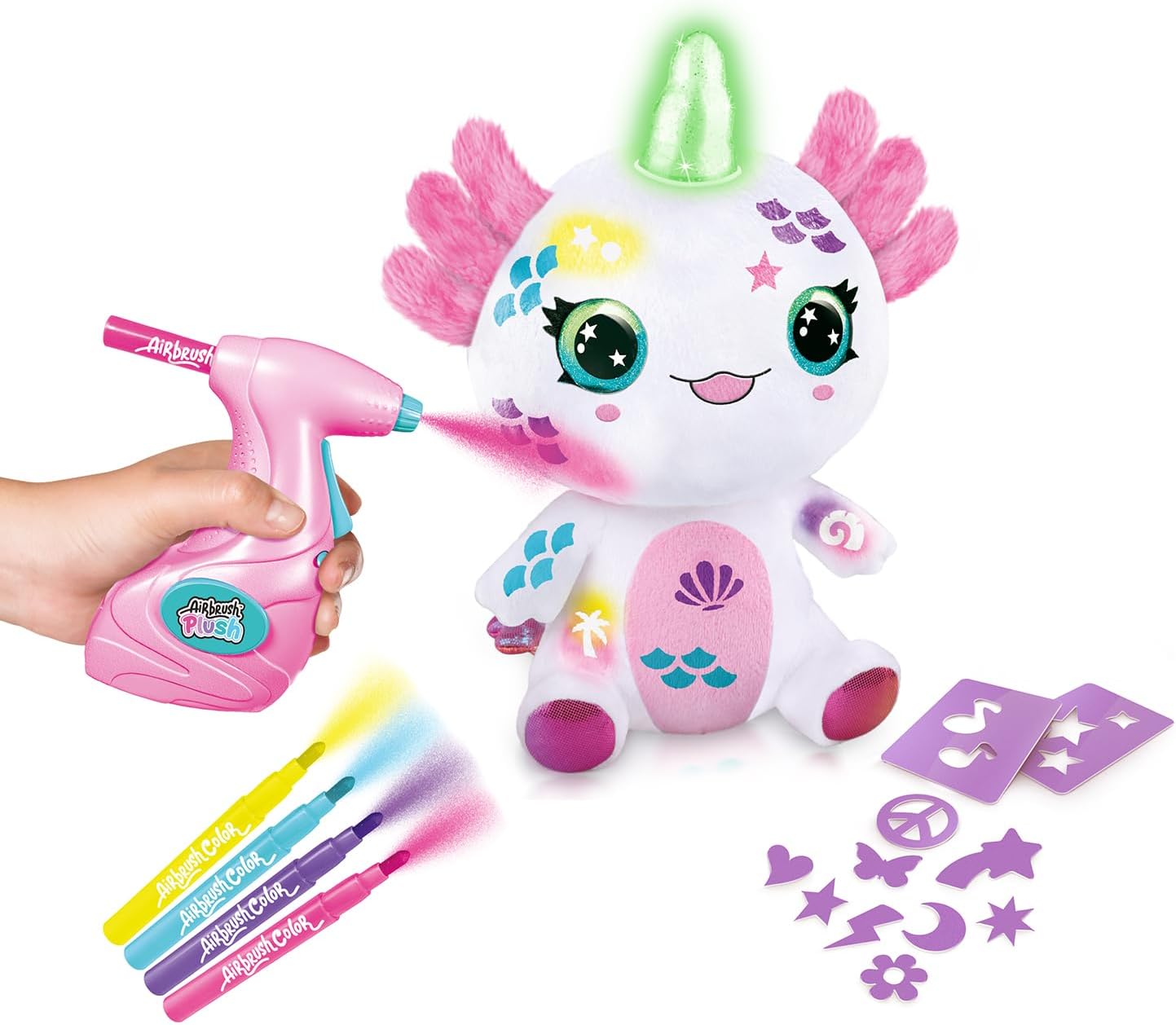 Canal Toys Airbrush Plush Light-Up Axolotl, Decorate Your own Plush, wash Off & Repeat!, Light up Magic Horn, Lights up to Show The Axalotls Feelings, Jam Packed, Fun Filled Gift for Ages 6+