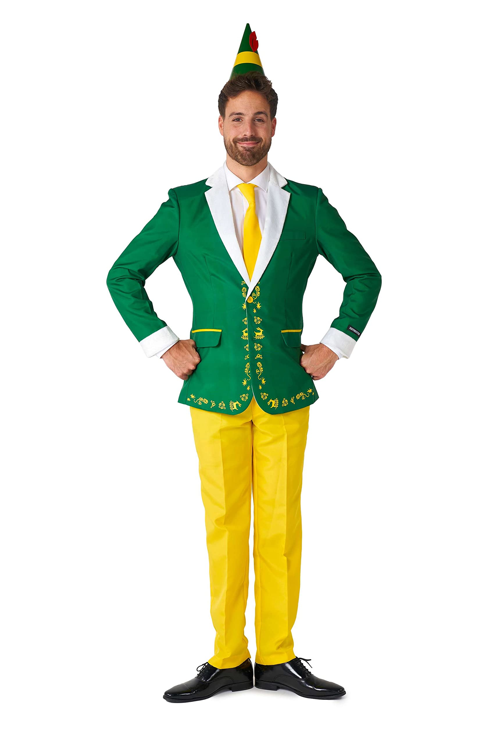 Suitmeister Herrenkostüm - Elf Weihnachten Halloween Outfit Set - Grün, Gelb - Enthält Weihnachtsblazer, Hose, Hut, Krawatte