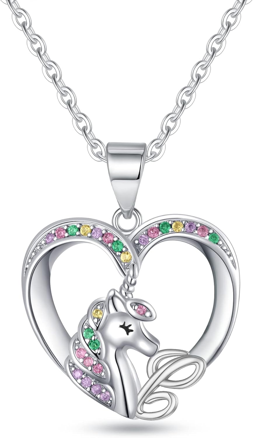 Unicorn Necklaces - Silver Cursive Initial Necklace with CZ Heart Pendant for Girls & Teen Girls