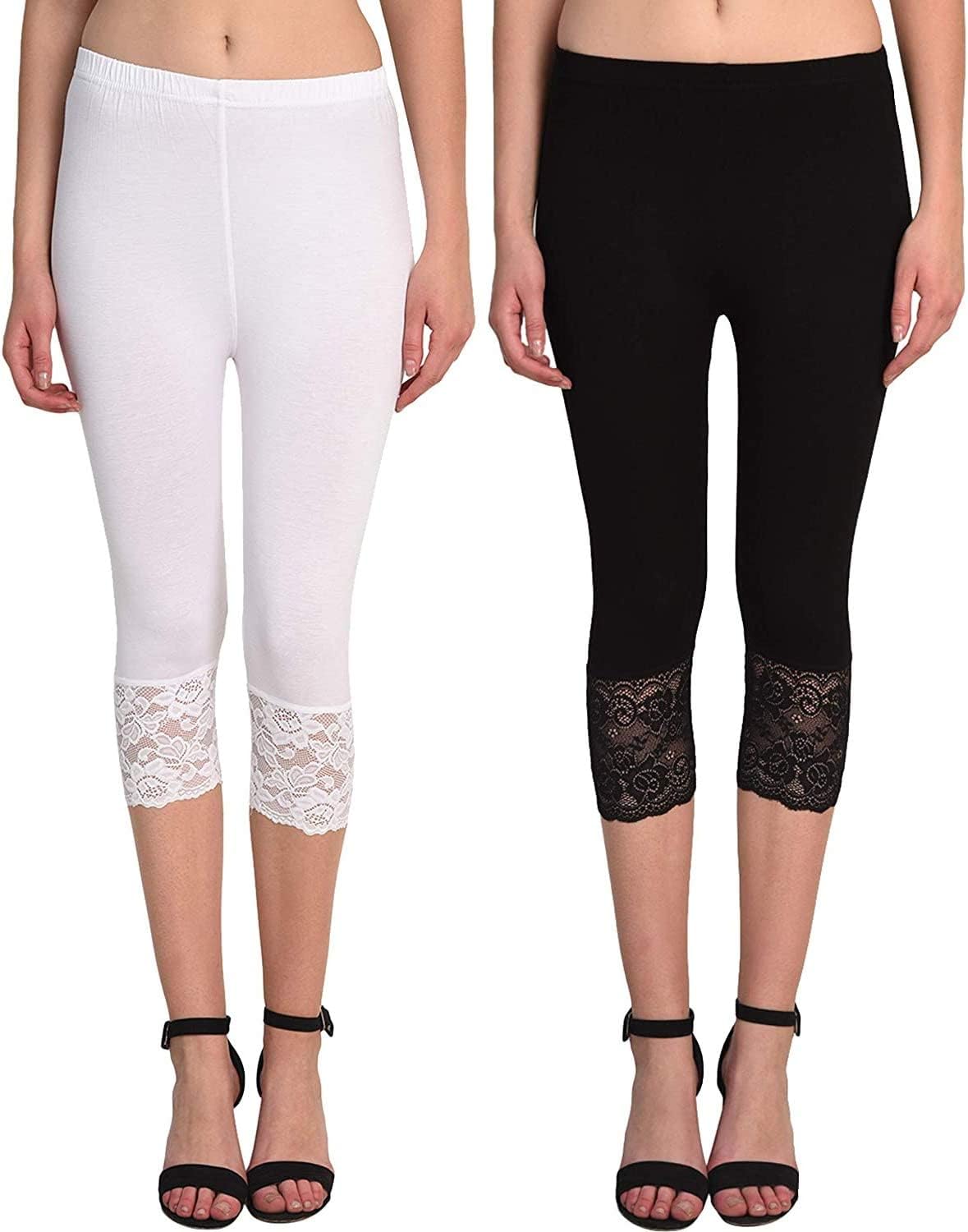 PixieSkinny Fit 3/4 Lace Capri Leggings for Women Combo Pack of 2 - Size (Small - XL)