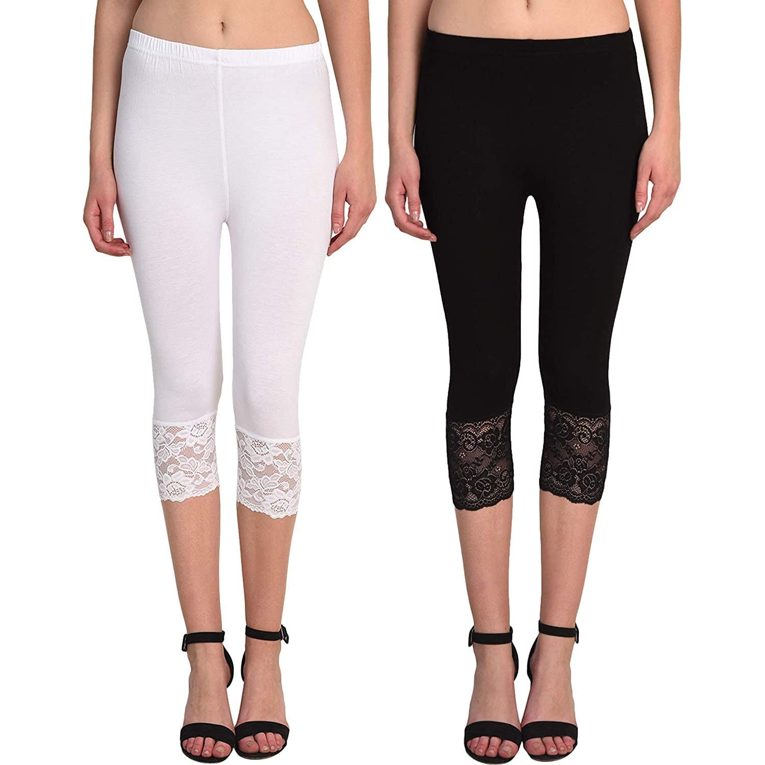 PixieSkinny Fit 3/4 Lace Capri Leggings for Women Combo Pack of 2 - Size (Small - XL)