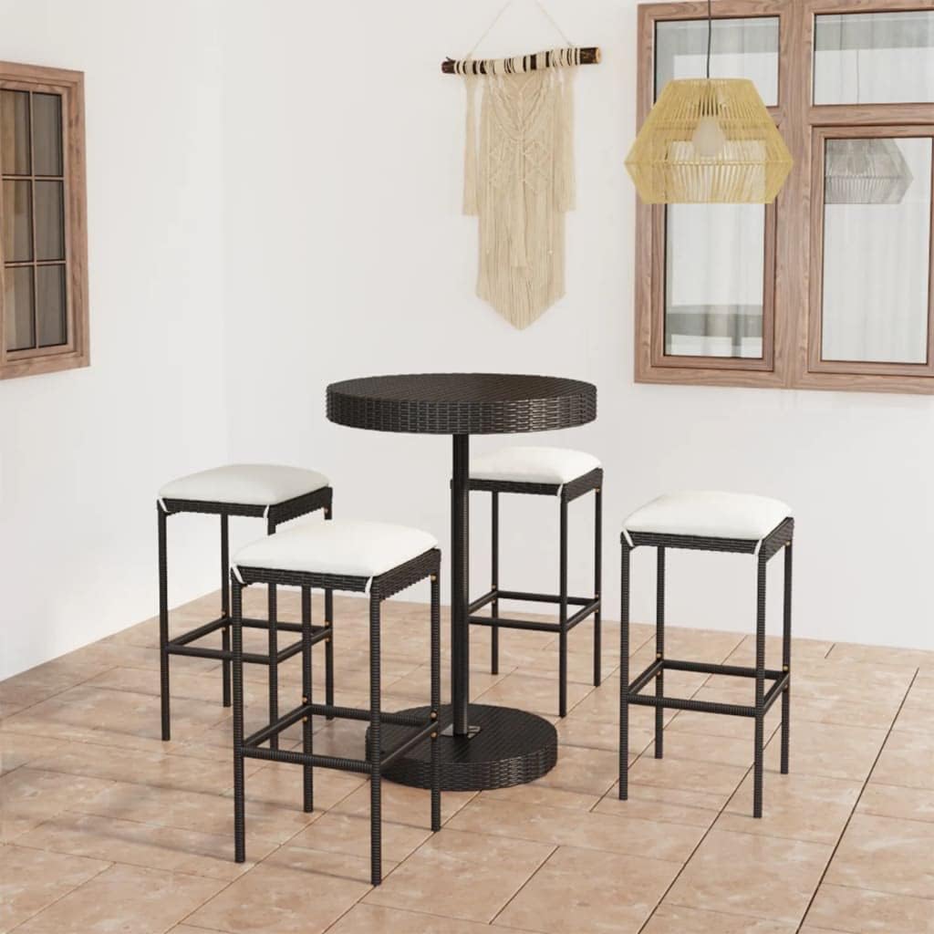 5 Piece Garden Bar Set with Round Table and 4 Stools, Black PE Rattan and Powder-Coated Steel for Outdoor Dining and Patio Seating, All-Weather Resistant Furniture