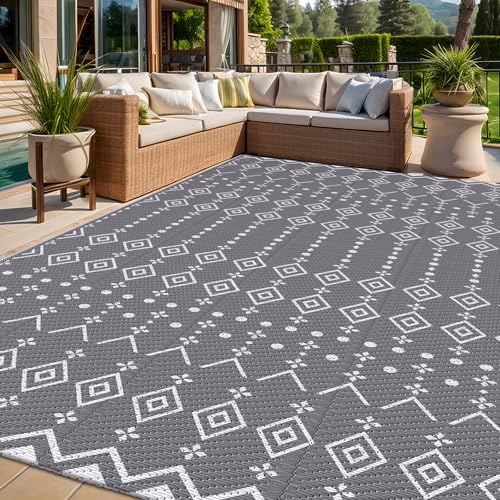 StepRite 6 x 9 Reversible Outdoor Rug, Waterproof Plastic Straw Rug, Patio Rug, Large Modern Area Rug Carpet, Indoor Outdoor Rugs for Camping, Porch, Deck, Balcony, Backyard, RV, Picnic(Grey)
