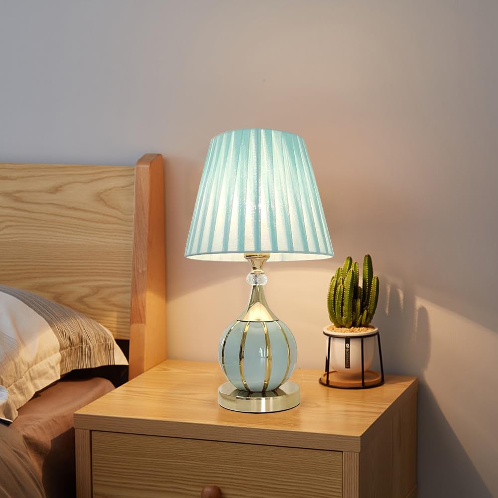Mengjay Vintage Nachttischlampe mit Kabel,Tischlampe aus Keramik,Moderne Tischleuchte mit Stoffschirm,E27 Fassung,Dekolampe,Leselampe,Nachtlicht für Schlafzimmer, Wohnzimmer,Kinderzimmer (Blau)