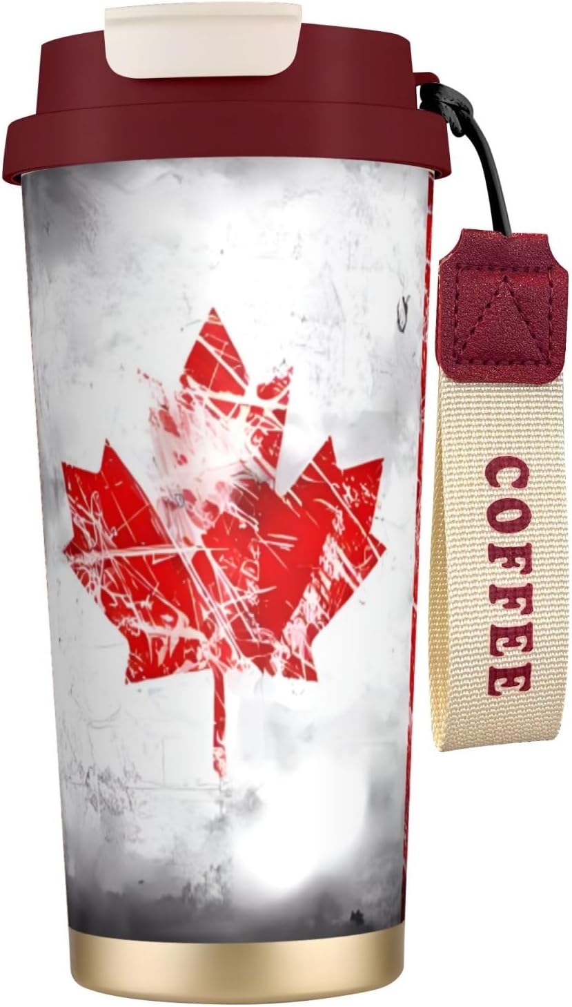Unique Customized Coffee Mug - Insulated Stainless Steel Tumbler for Travel, Home & Office - 17 oz Retro Canada Flag Red