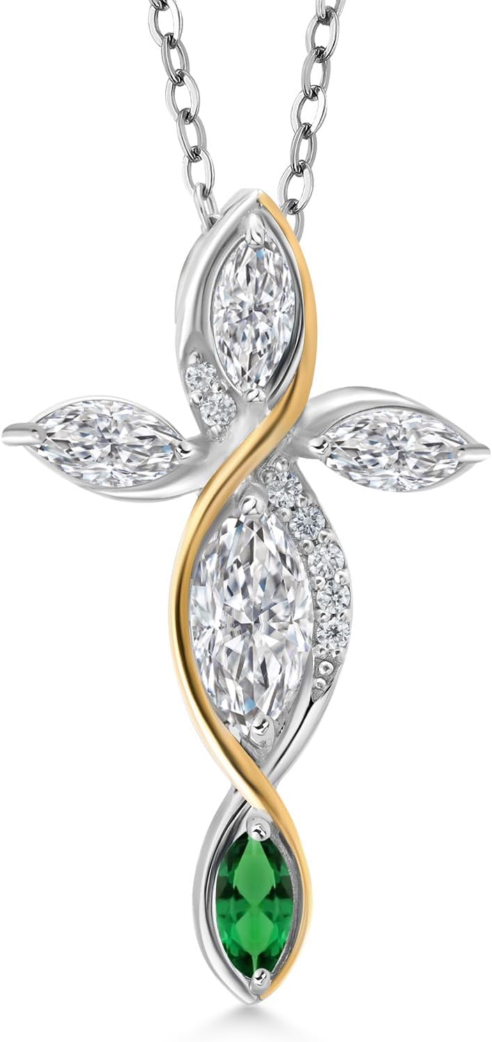 Cross Necklace For Women In 925 Silver and 10K Yellow Gold with Lab Grown Diamond and Green Nano Emerald | 1.26 Cttw | Jesus Christian Religious Crucifix | Marquise Cut 8X4MM | With 18 Inch Chain