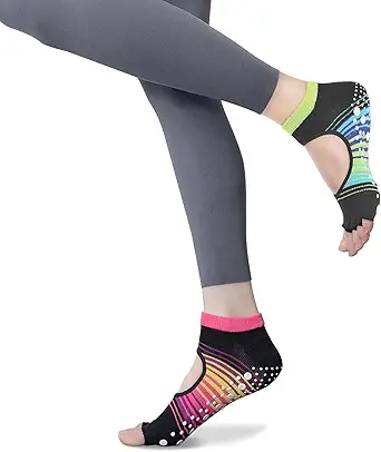 Womens Pilates Yoga Toe Socks with Grips Non Slip Cushioned Crew Socks Mid Calf for Barre Ballet