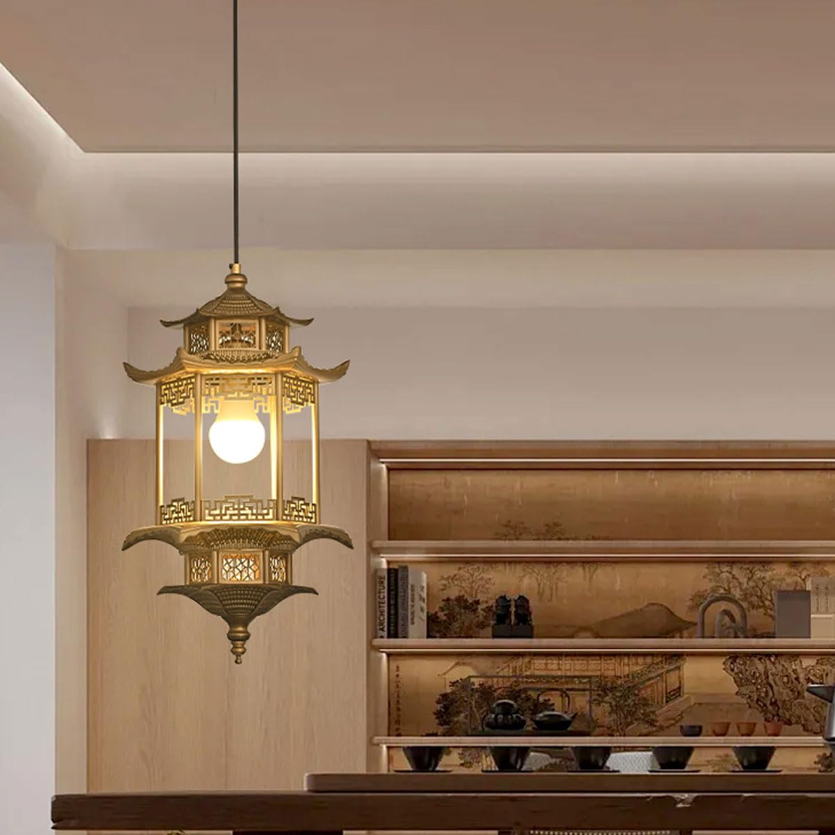 Nowy chiński styl sześciokątny pawilon wiszący lampa wisząca z metalu, żyrandol w stylu chińskim Zen Palace nadaje się do ganku lub herbaciarni