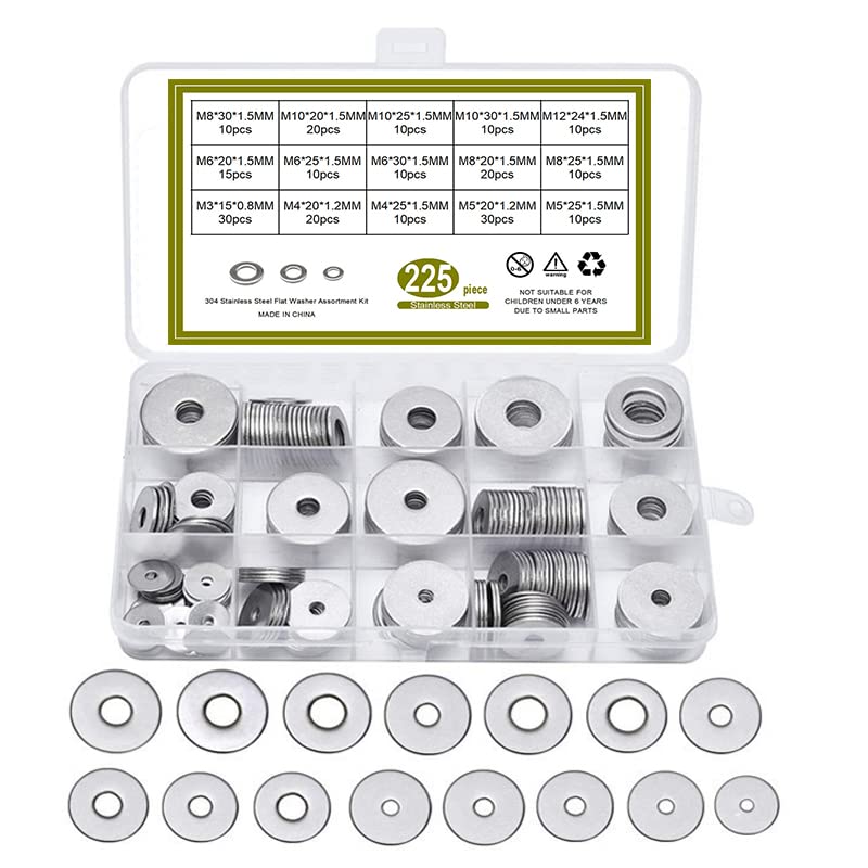 225 STÜCKE M3 M4 M5 M6 M8 M10 M12 Großes Unterlegscheiben-Set aus Metall GB97 304 Edelstahl Große breitere Unterlegscheiben-Sortiment-Kit - 225 STÜCKE