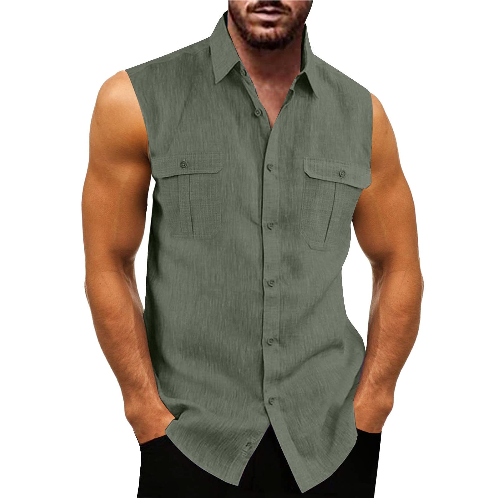 rtdgcv Camisa de ocio para hombre, sin planchado, camisa de verano para hombre, con dos bolsillos, camisa sin mangas con cuello vuelto, camisas hawaianas para hombre